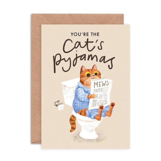 Cat's Pyjamas greeting card with cute cat illustrations by Emily Nash