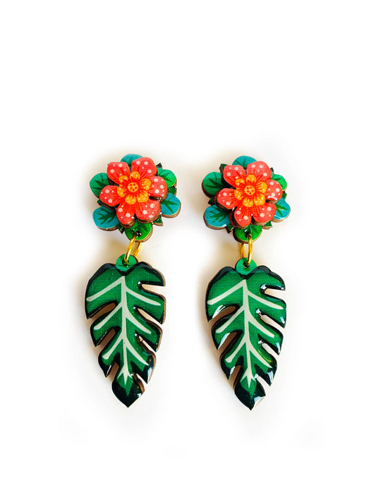 Tropical  3D red flower and drop leaf earrings.