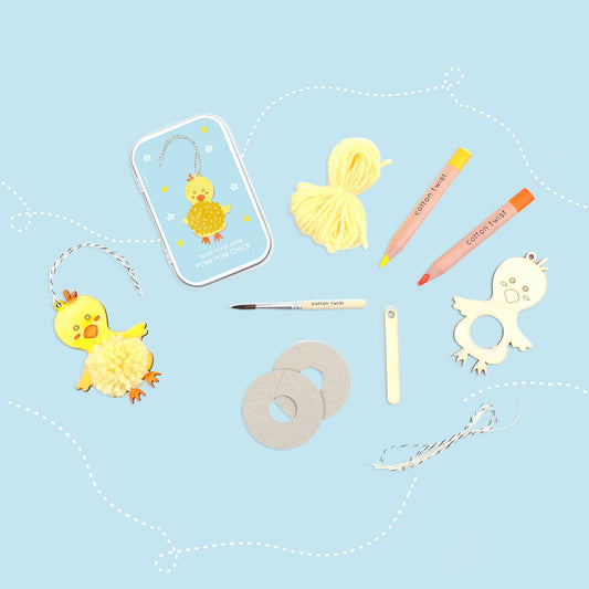 Spring Chick craft kit. Spring is all about celebrating new life, so what better way to commemorate the changing of seasons than by curating your own, unique pom-pom chick. Use our watercolour pencils to colour-in your chick, then attach your home-made pom-pom as the tummy and create the softest, fluffiest pom-pom chick out there.