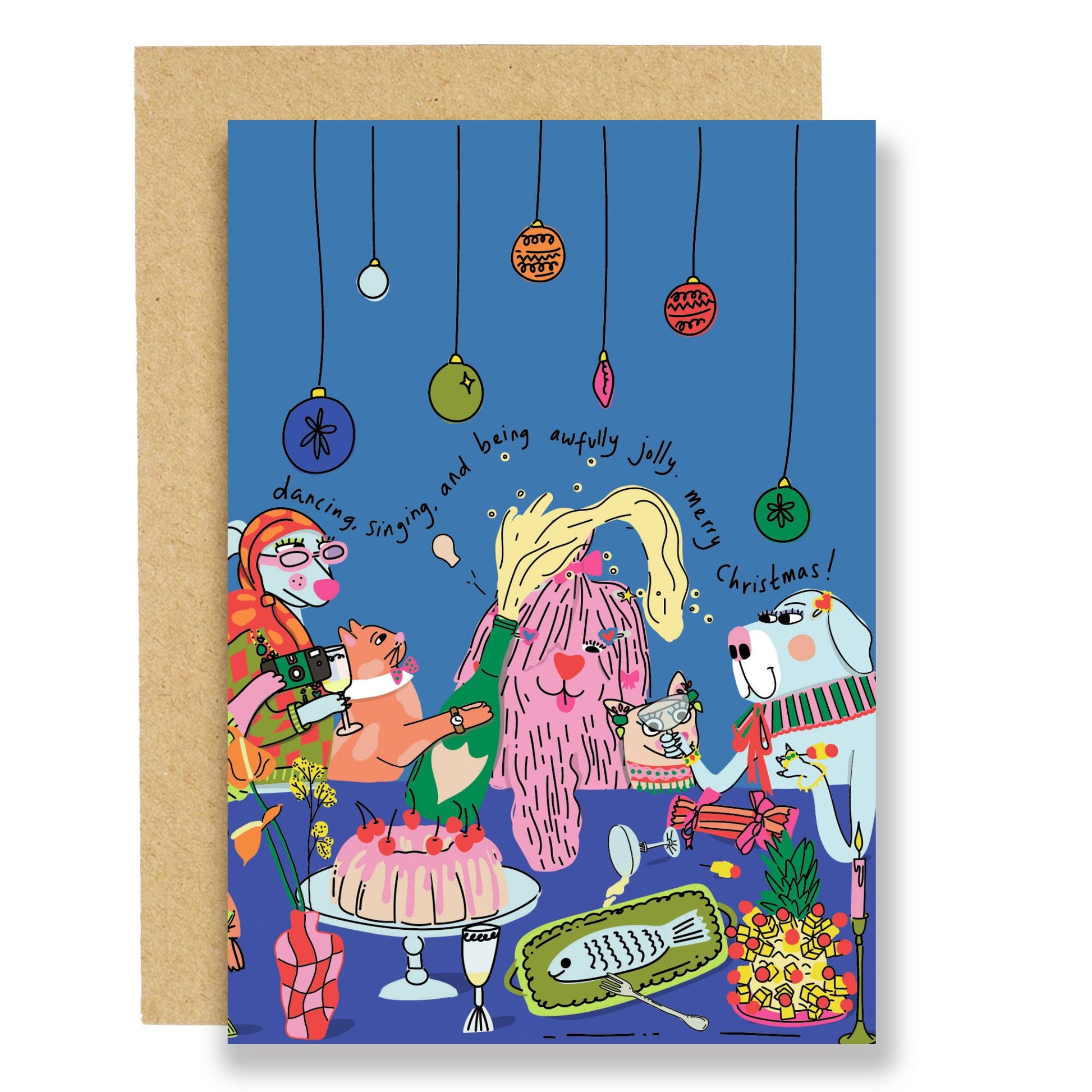 Awfully Jolly Christmas card with festive feast and animal friends illustration, full wraparound print.