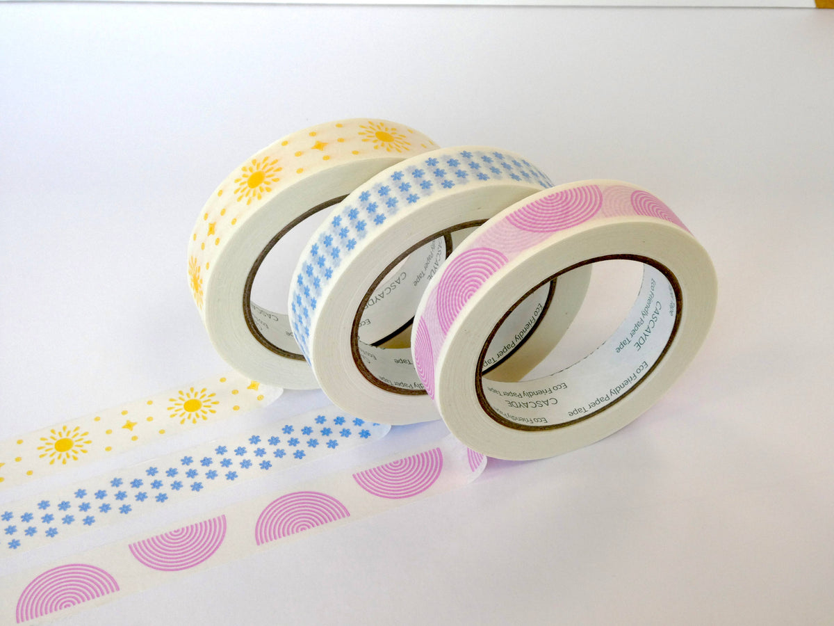 Close up of plastic-free blue daisy pattern kraft paper tape