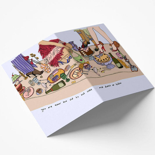 Dancing on Tables Birthday Card, open view, showing the blank inside and matching illustration