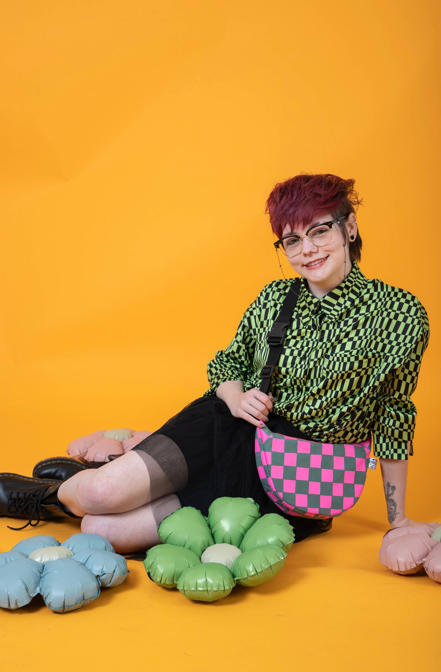 Pink Checkered on Teal Handprinted Waxed Canvas Sling Bag