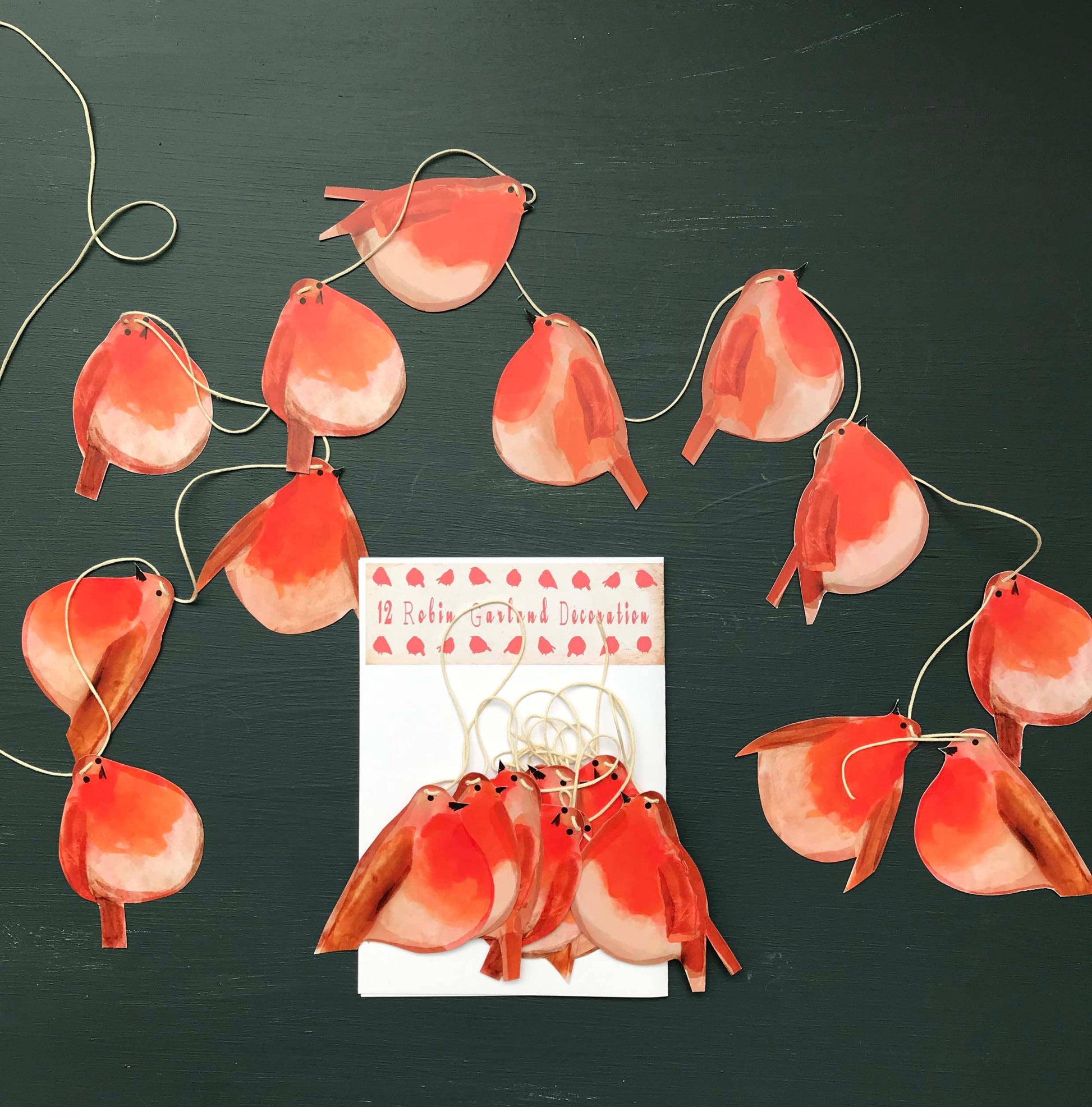 Festive Robin Garland by Wini Tapp featuring 12 double-sided printed robins, 2 metres long, printed on cardstock, strung on hemp string