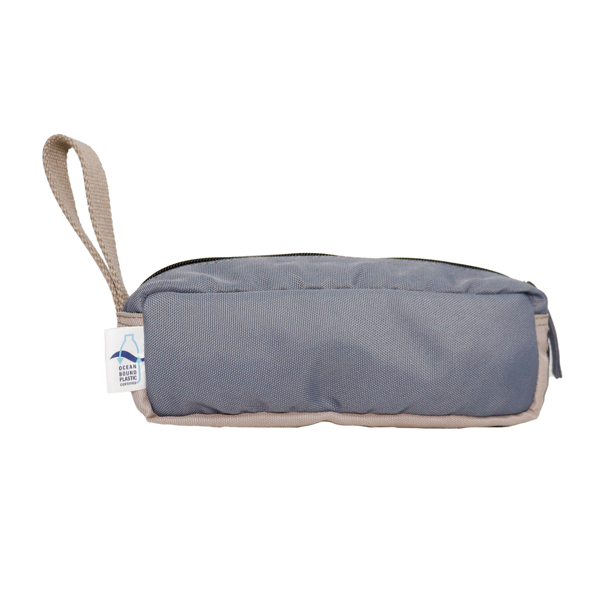 Close-up of durable stitching and zip on dusty blue pencil case