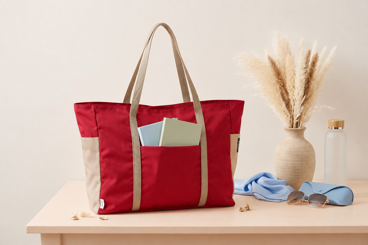 Side profile of pink recycled ocean plastic tote bag