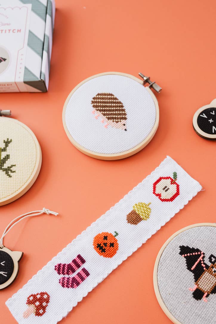 Autumn cross stitch bookmark kit contents including aida and thread