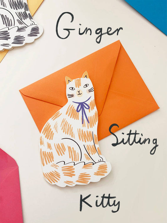 Eco-friendly ginger cat die cut card, exclusive Kitty Kenda design, made from luxury GFSmith.