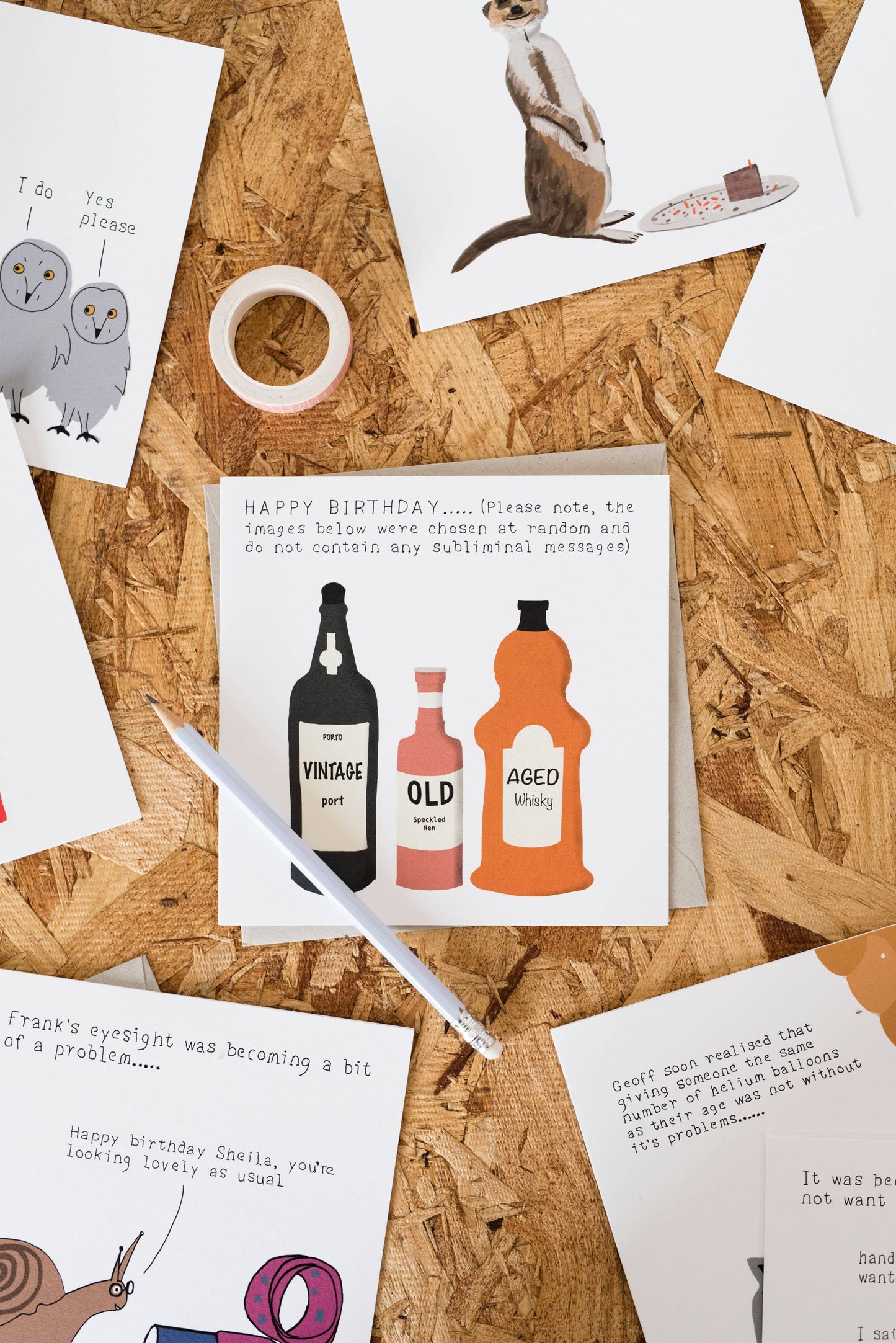 Quirky vintage bottle illustration on sustainable birthday card