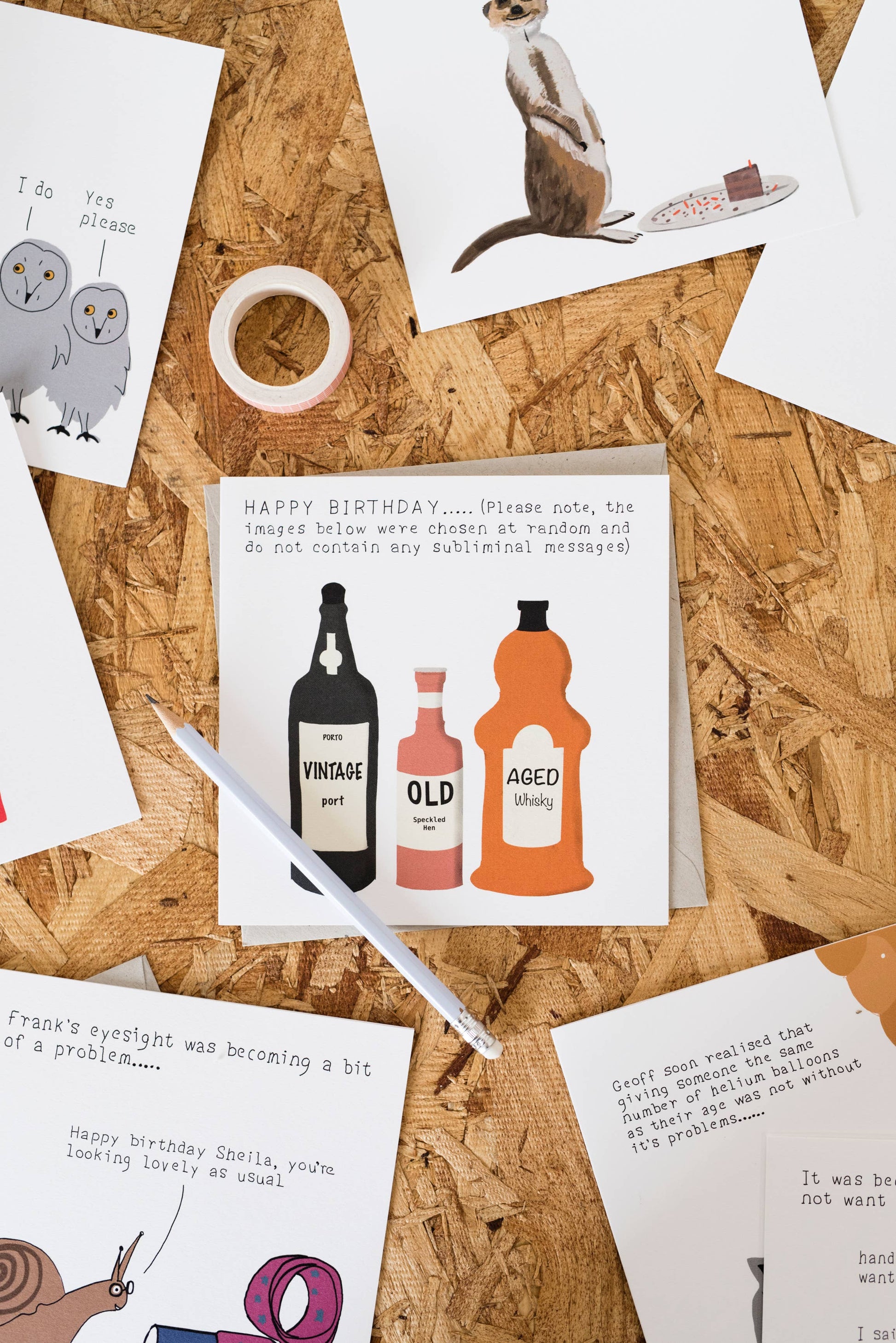 Quirky vintage bottle illustration on sustainable birthday card