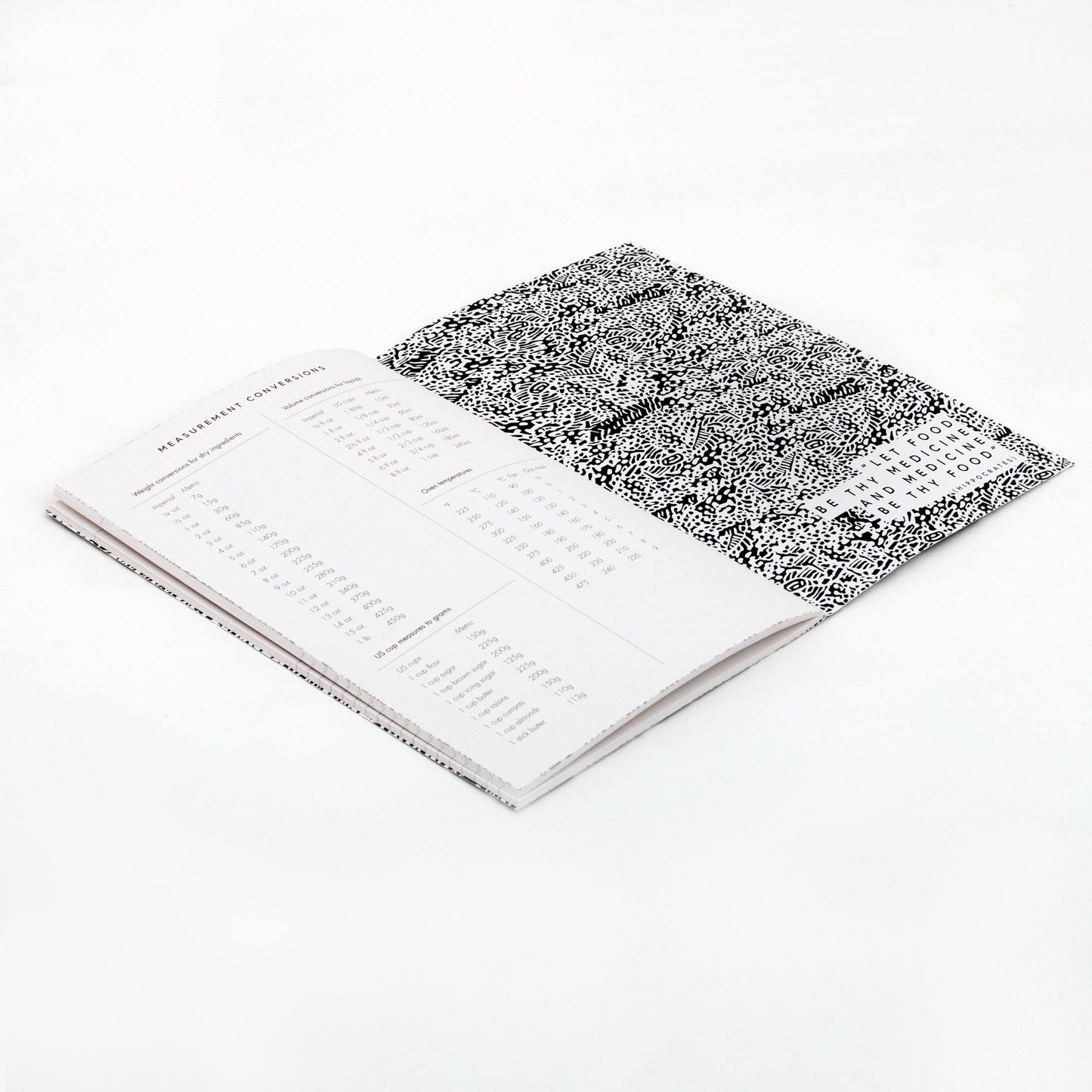 Studio Wald's Recipe Journal features a rosemary and lemon patterned cover design. Pages are designed to layout ingredients and method as well as space to draw pictures, staple photos etc. Also includes a namesake page and handy weights and measurements page at the back.
