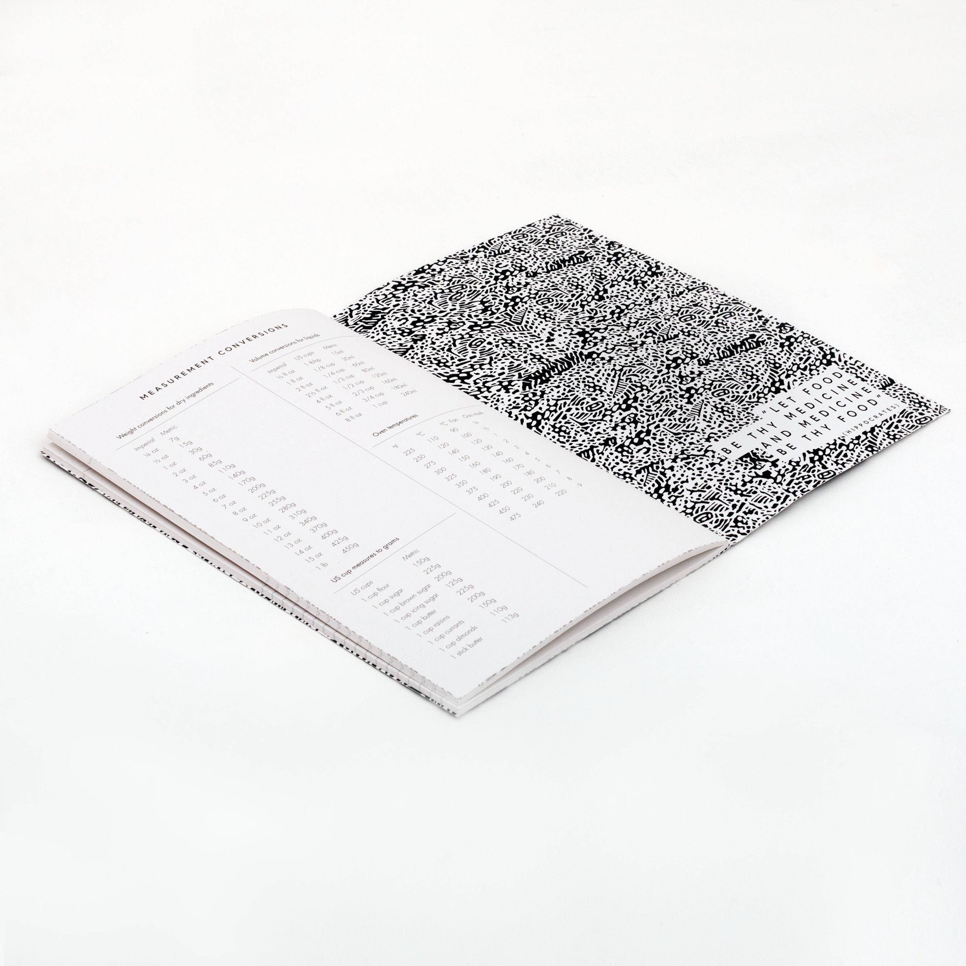Studio Wald's Recipe Journal features a rosemary and lemon patterned cover design. Pages are designed to layout ingredients and method as well as space to draw pictures, staple photos etc. Also includes a namesake page and handy weights and measurements page at the back.