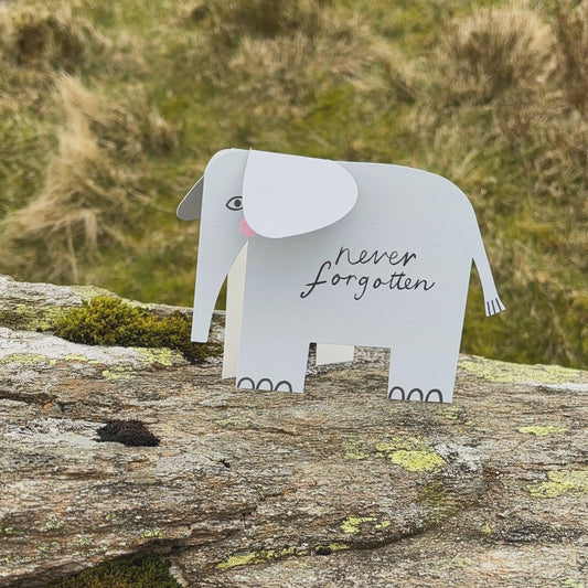 3D standing elephant card for remembrance or sympathy, exclusive Kitty Kenda design, luxury eco-friendly materials