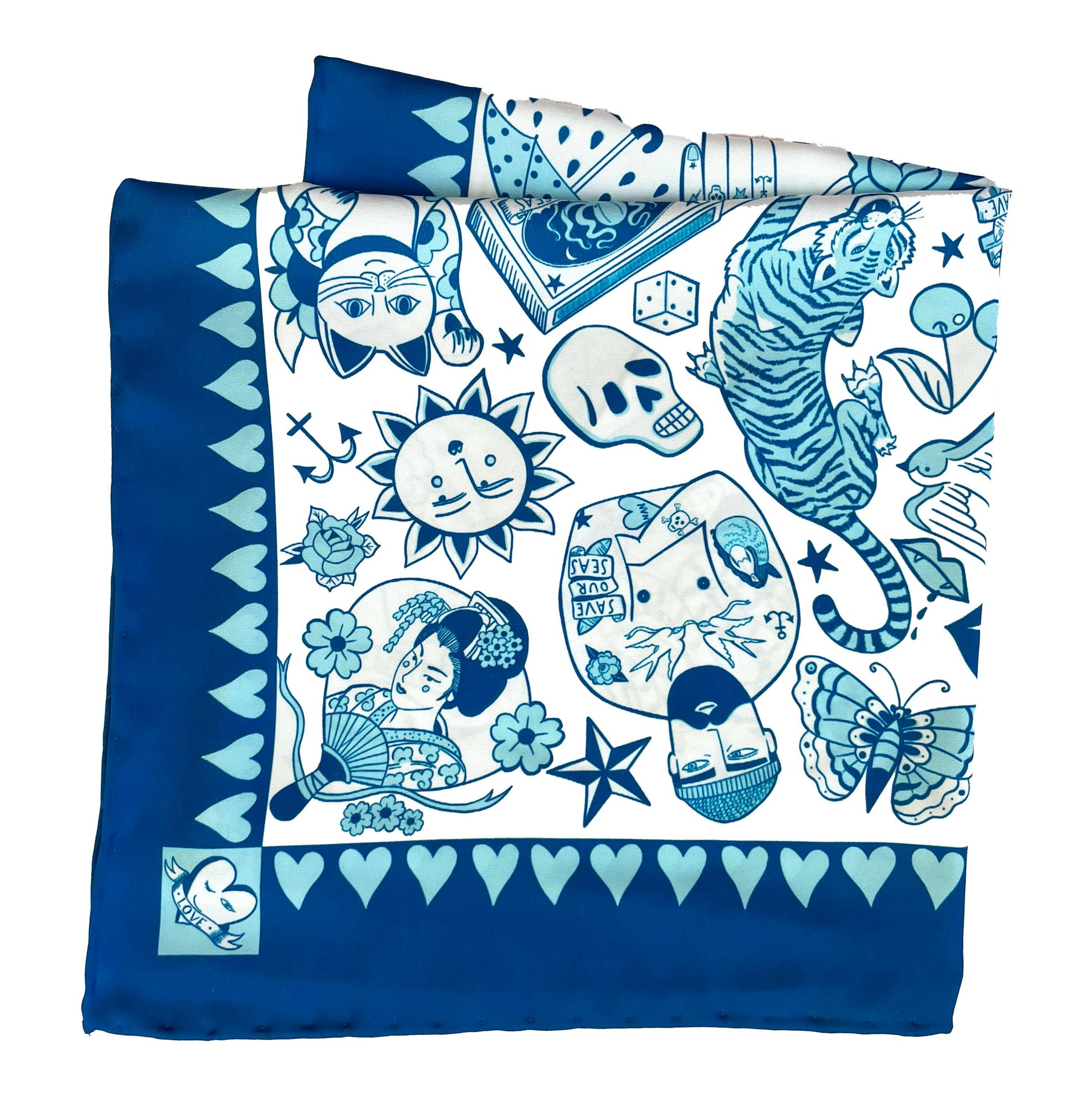 I Love Tattoos eco neckerchief pocket square by Su Owen, tattoo-inspired design printed on 100% recycled polyester eco silk twill, UK made