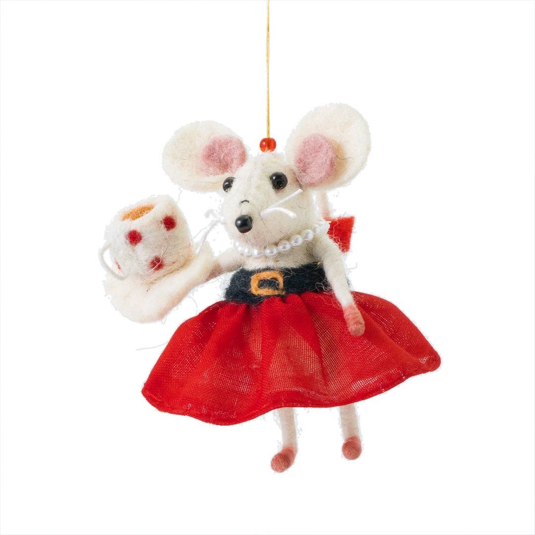 Handmade felt Mrs Claus mouse Christmas tree decoration holding a cup of tea