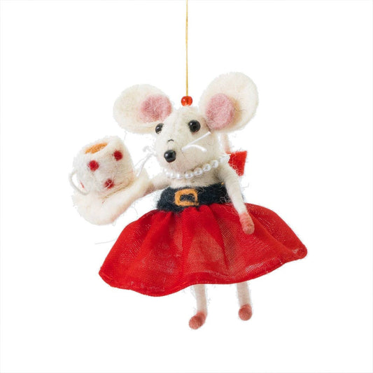 Handmade felt Mrs Claus mouse Christmas tree decoration holding a cup of tea