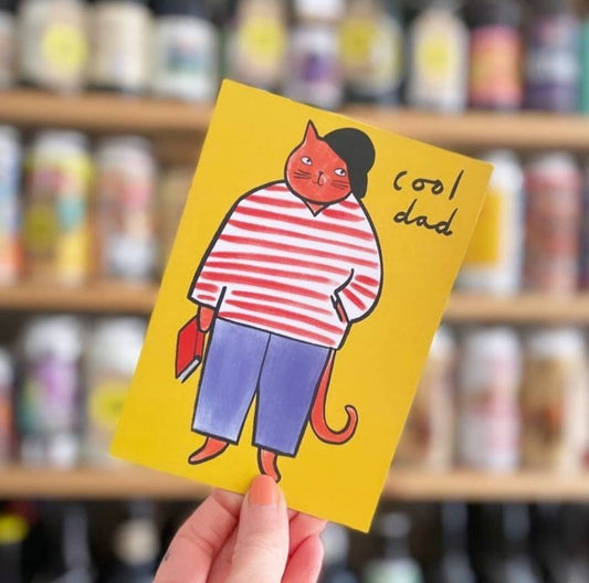 Cool Dad Happy Birthday Card with cat in Breton top and beret, exclusive Kitty Kenda illustration