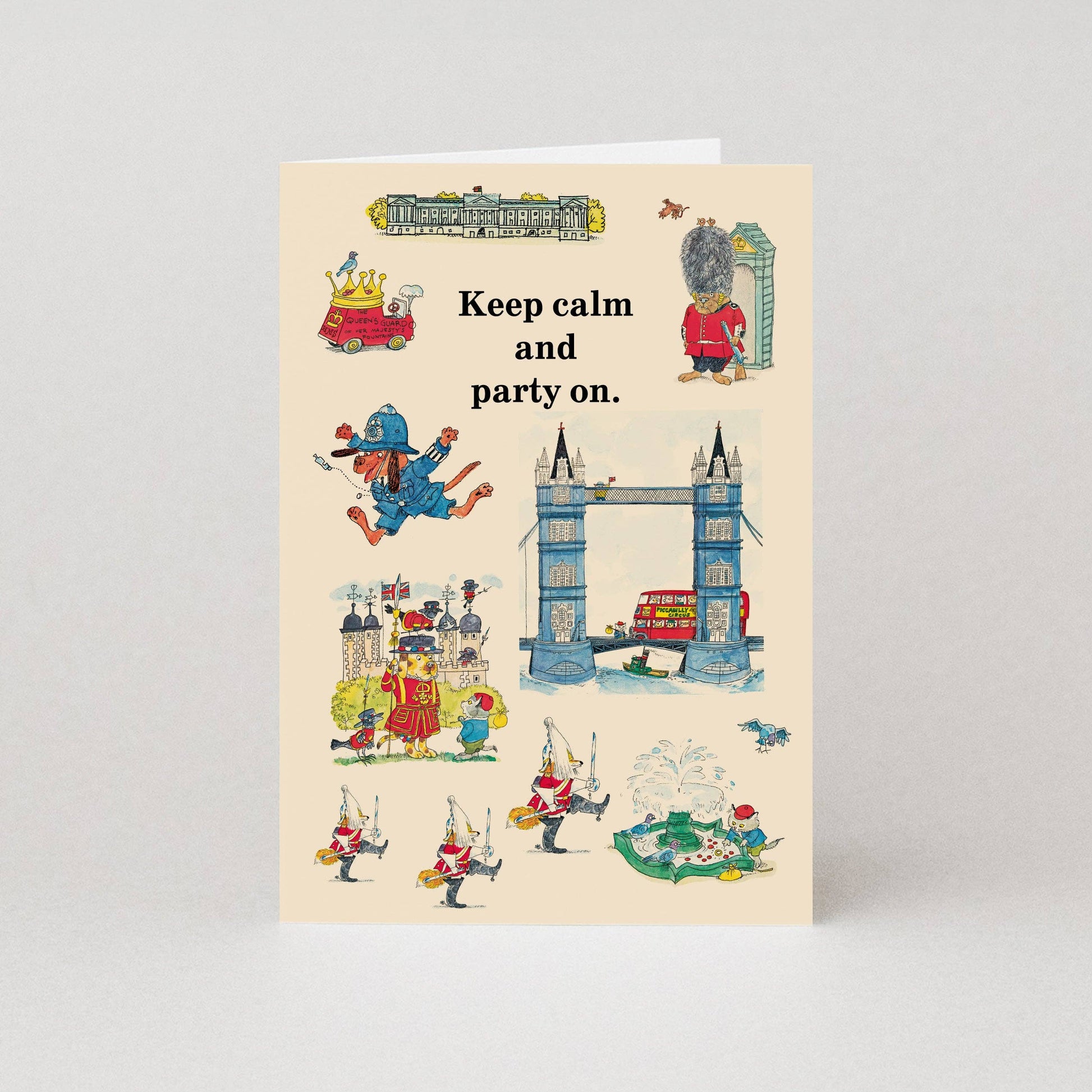 Richard Scarry Keep Calm and Party On greetings card with plaid envelope