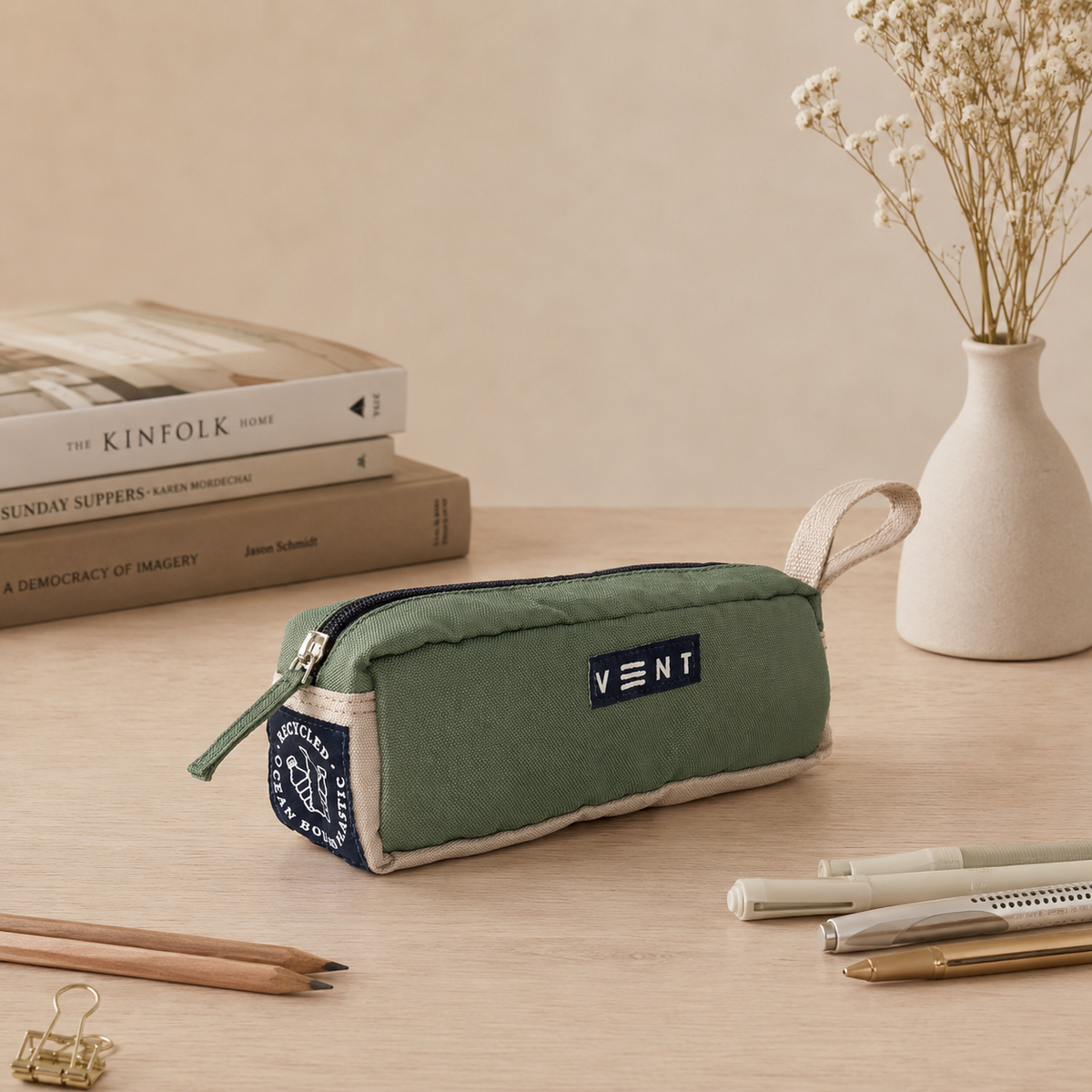 Sage green pencil case made from recycled ocean bound plastic