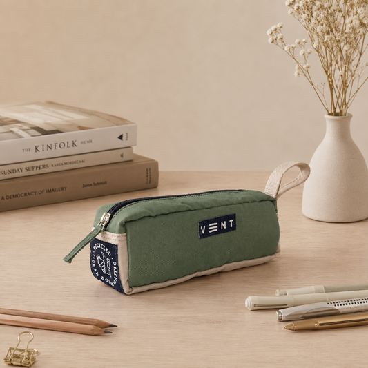 Sage green pencil case made from recycled ocean bound plastic