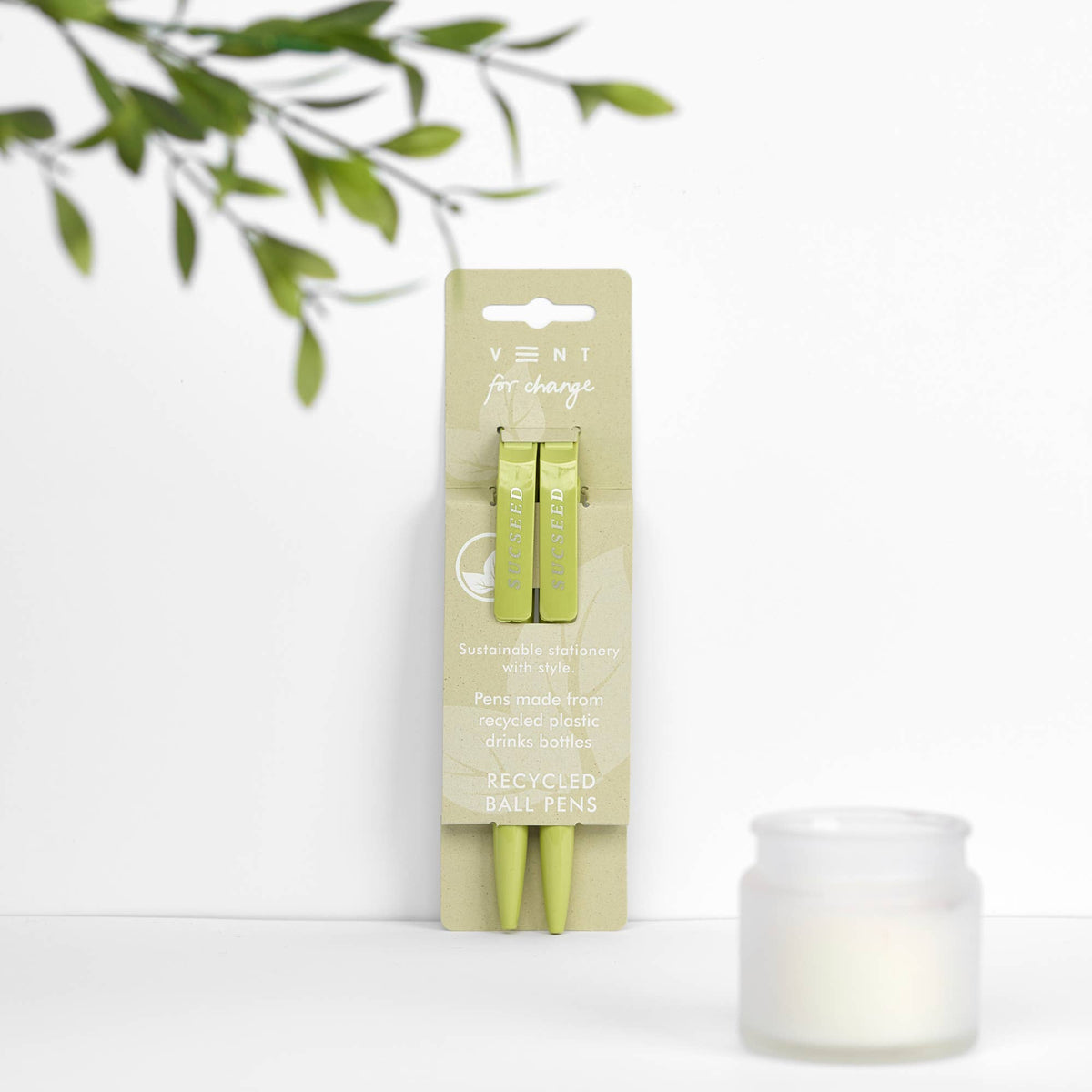SUCSEED recycled plastic kiwi green ballpoint pens in cardboard sleeve pack of 2