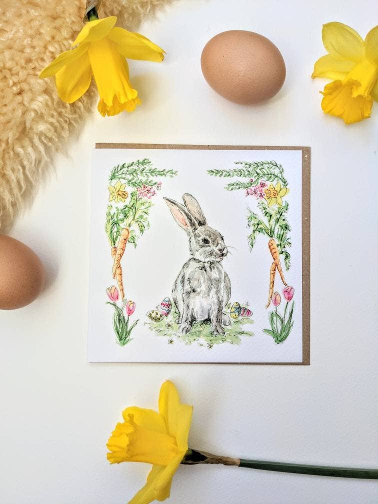 Easter Bunny Blank Greeting Card on textured watercolour paper