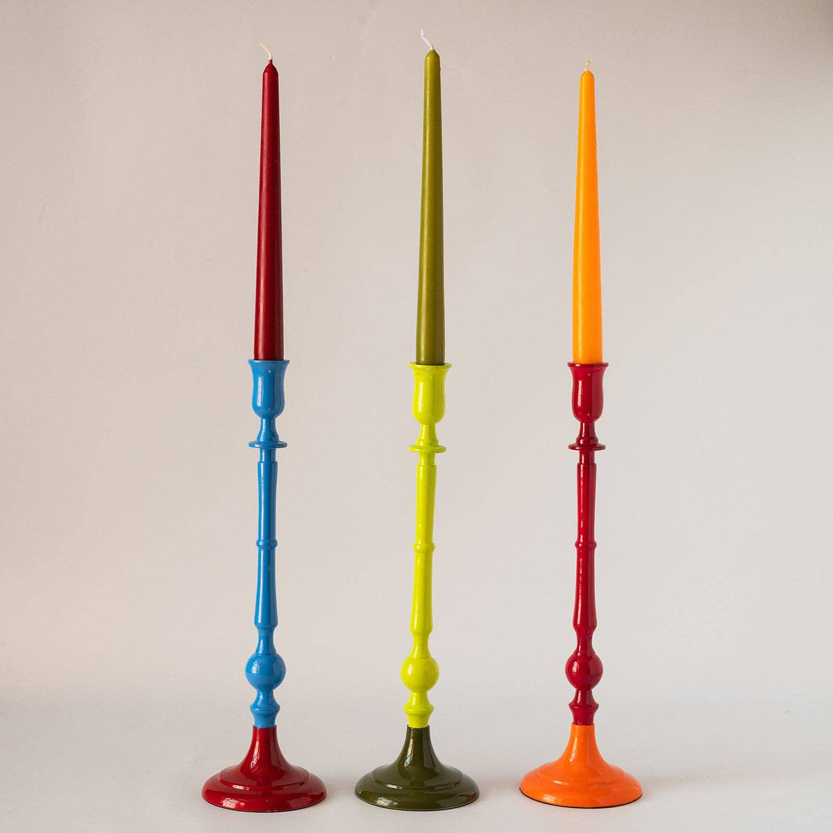 Tall colourful enamel candlestick holder in Cobalt and Garnet red