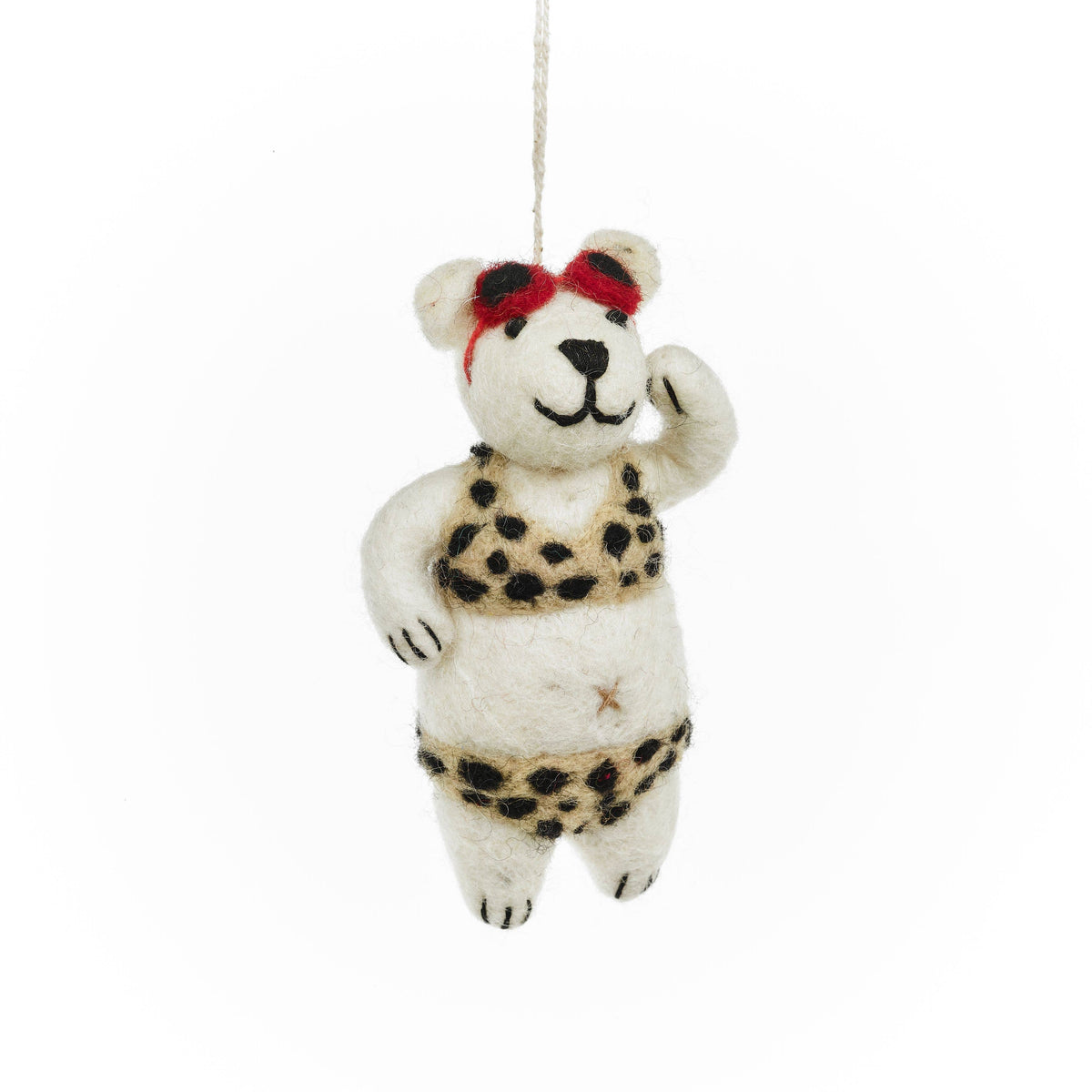 Close up of felt diva polar bear novelty ornament wearing red sunglasses