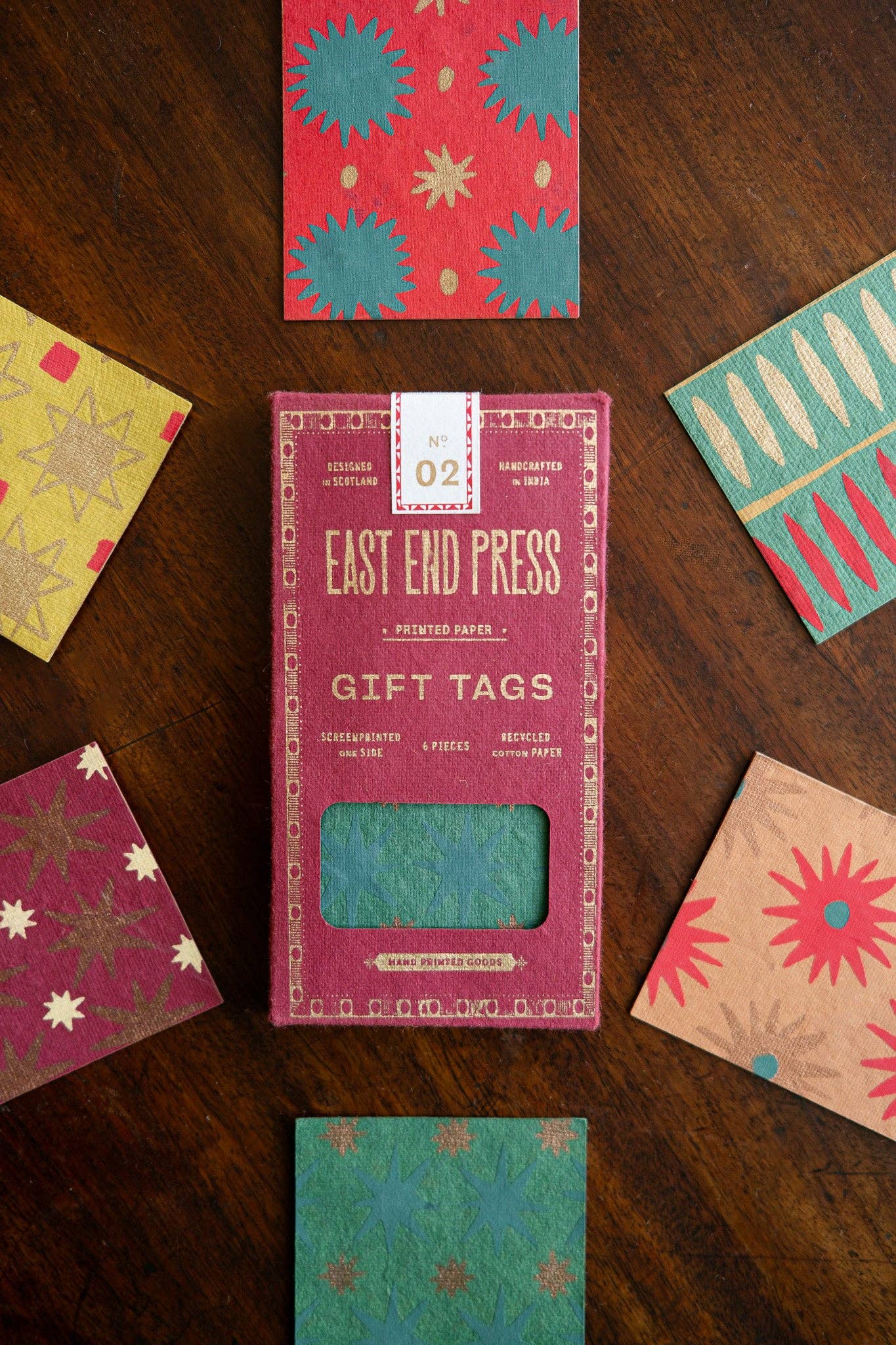 Hand screen printed Christmas Gift Tags by East End Press, recycled cotton paper, assorted festive designs