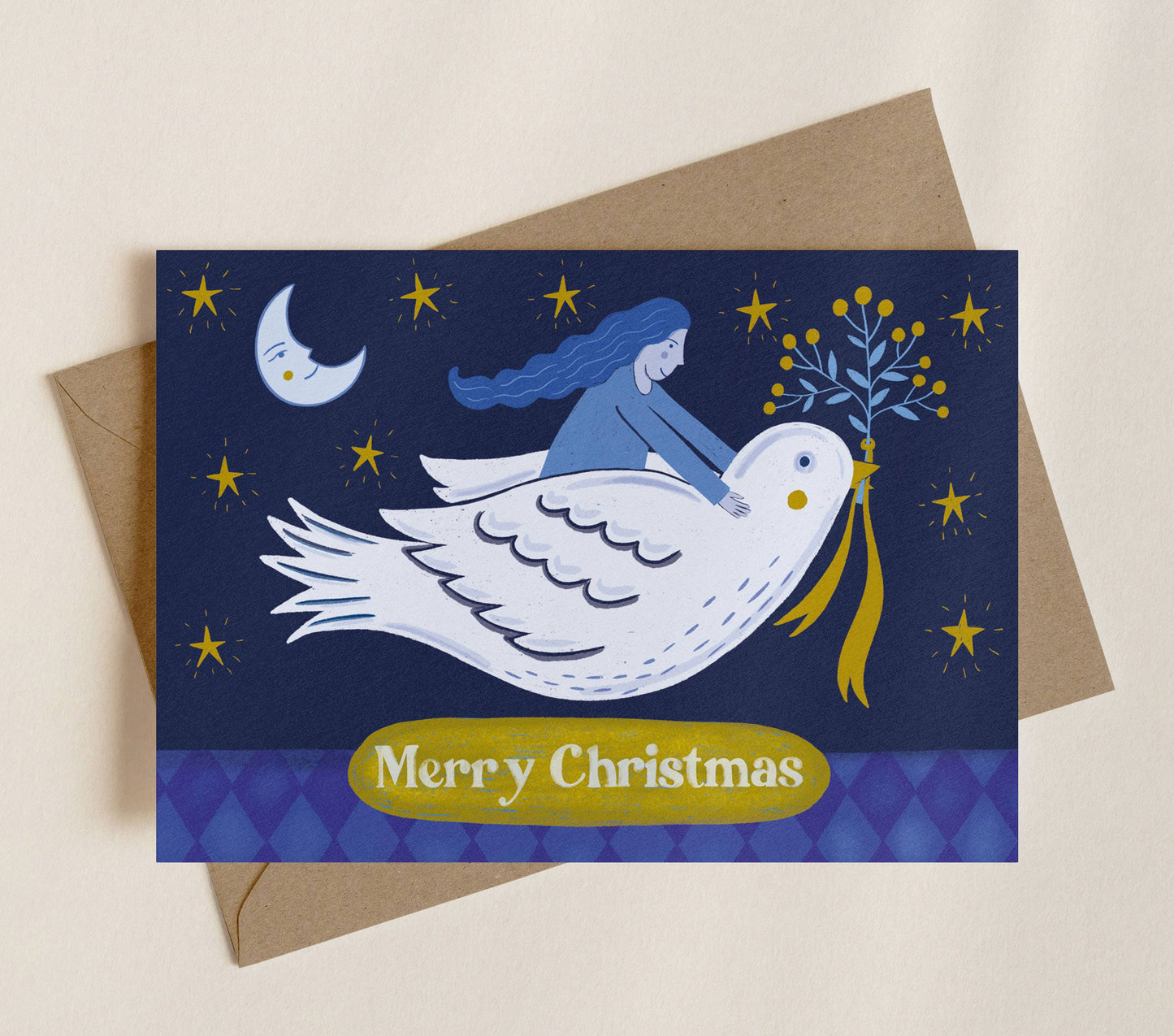 Folk Dove and Girl Blue A6 Christmas Card