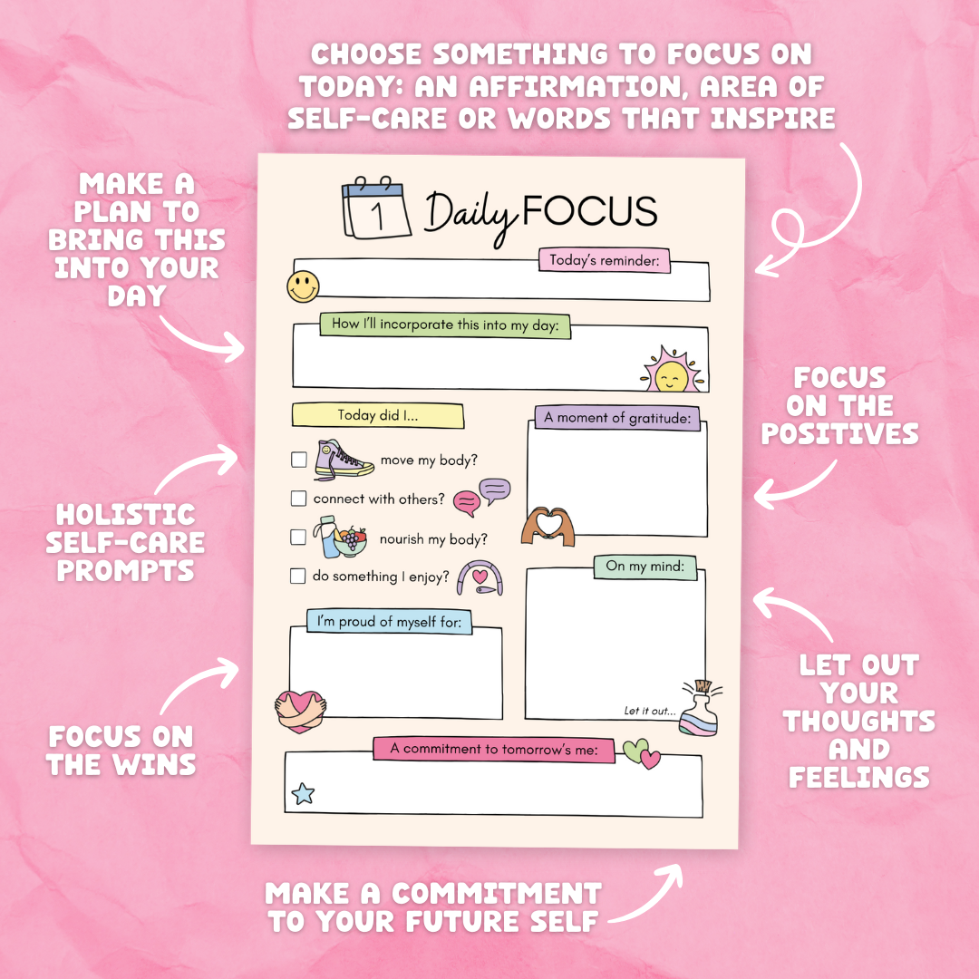 Close up of self-care planning sections on notepad