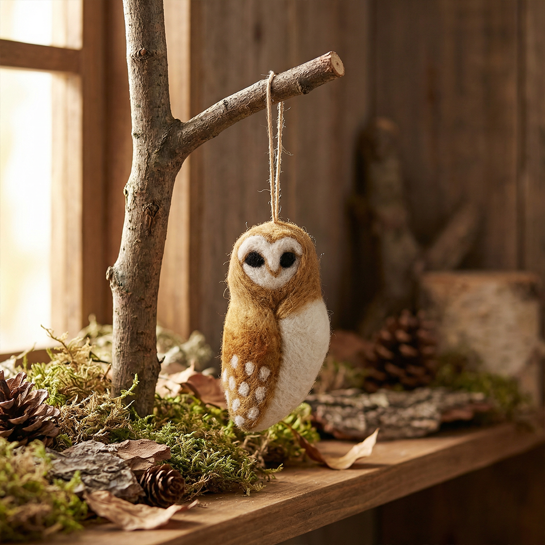 Eco-friendly felt owl hanging ornament on a neutral background