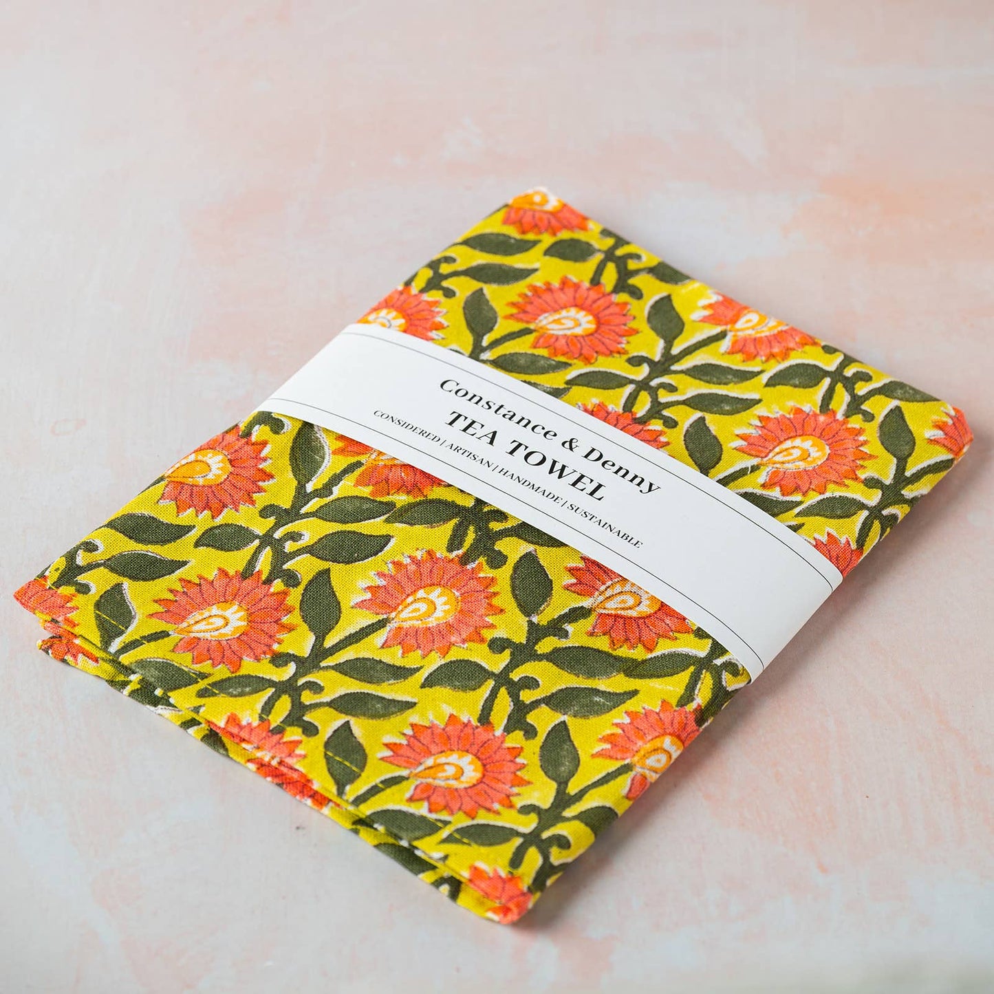 Pressed Petals Amber tea towel with floral block print design