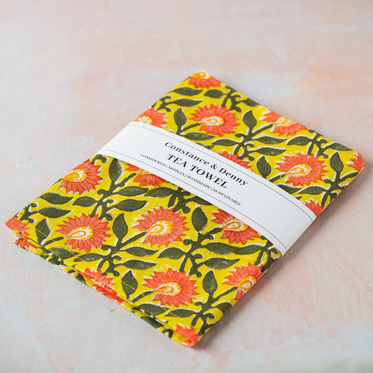 Pressed Petals Amber tea towel with floral block print design