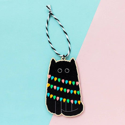 Sustainably certified birch plywood Black Cat Christmas tree decoration with black and white twine, UK made