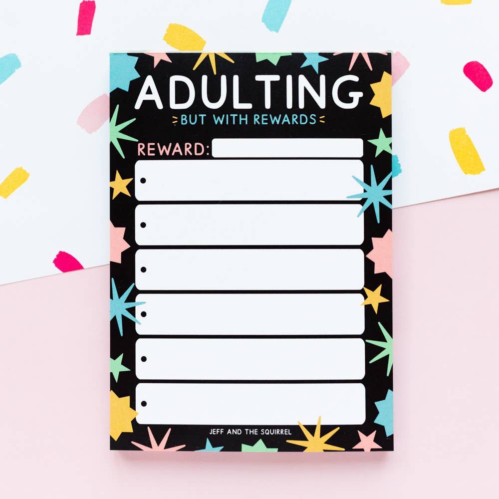 Adulting With Rewards A6 colourful recycled notepad front view