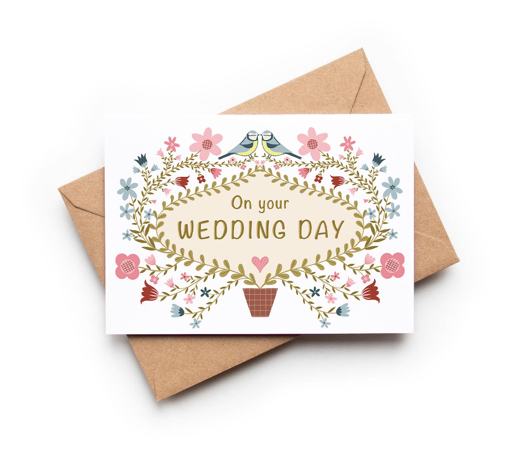Folk Floral Wedding A6 Pastels Card with flower sprigs and blue-tits