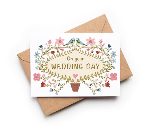 Folk Floral Wedding A6 Pastels Card with flower sprigs and blue-tits