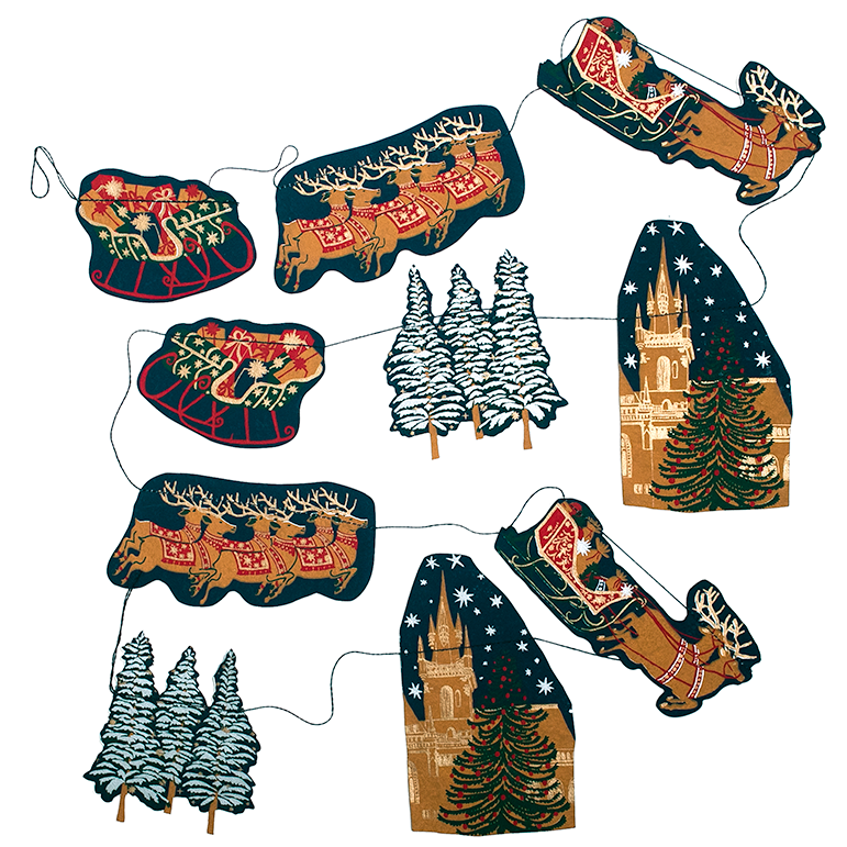 Screen printed Skyline Sewn Garland by East End Press with festive night time skyline images on recycled paper

3 metres long

Includes 10 paper shapes, sewn along strong cotton thread