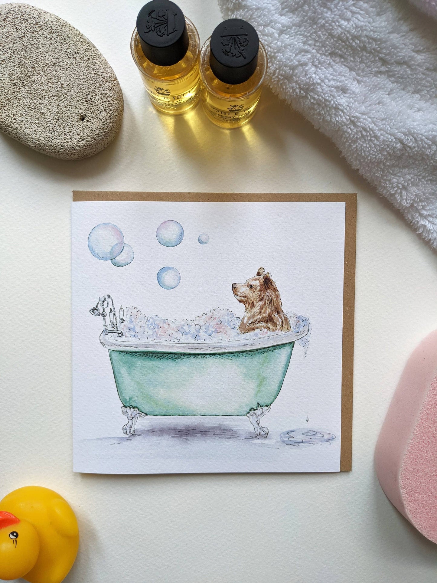 Bear in Bath Pamper and Relax Blank Greeting Card illustration