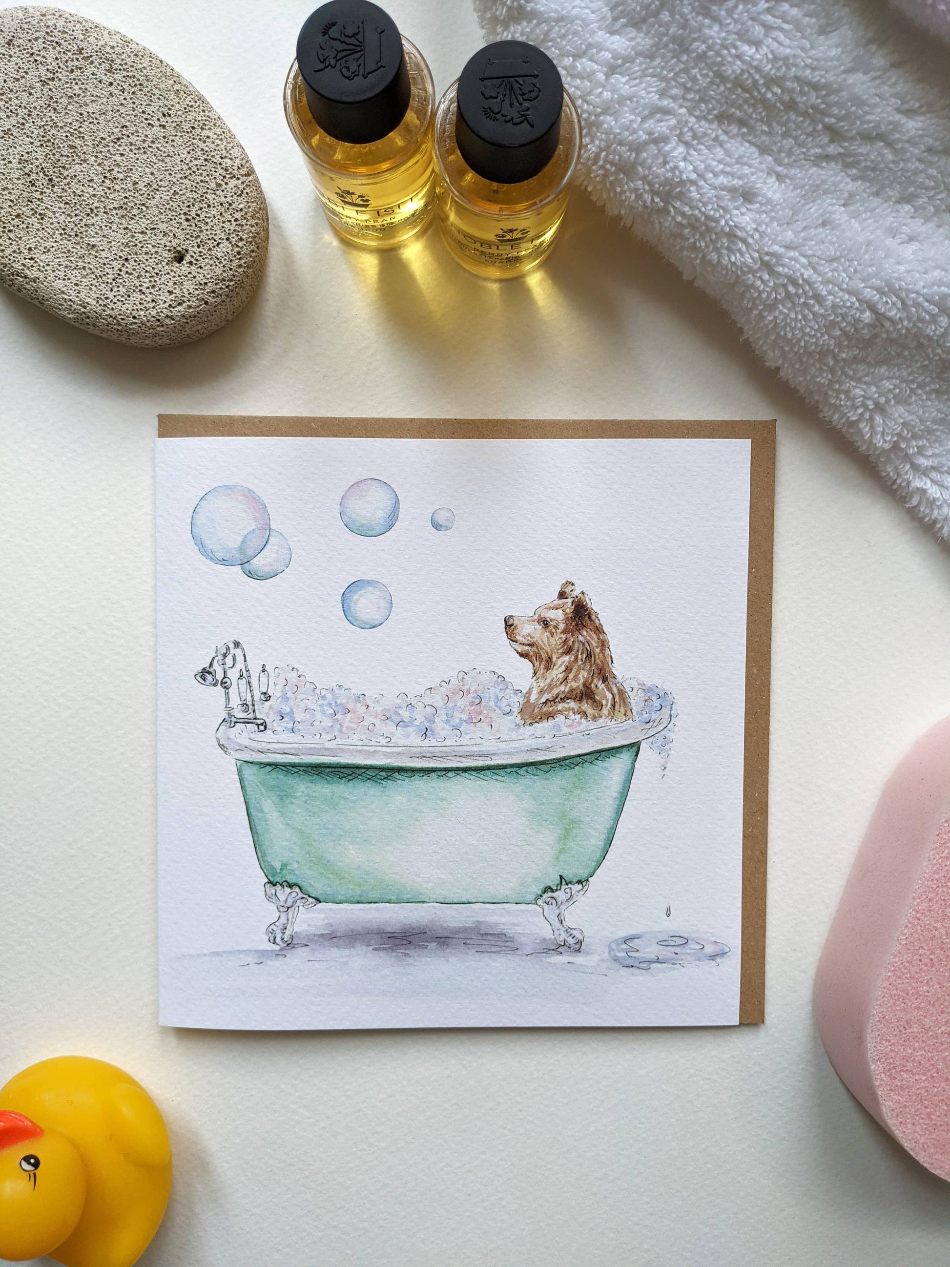 Bear in Bath Pamper and Relax Blank Greeting Card illustration