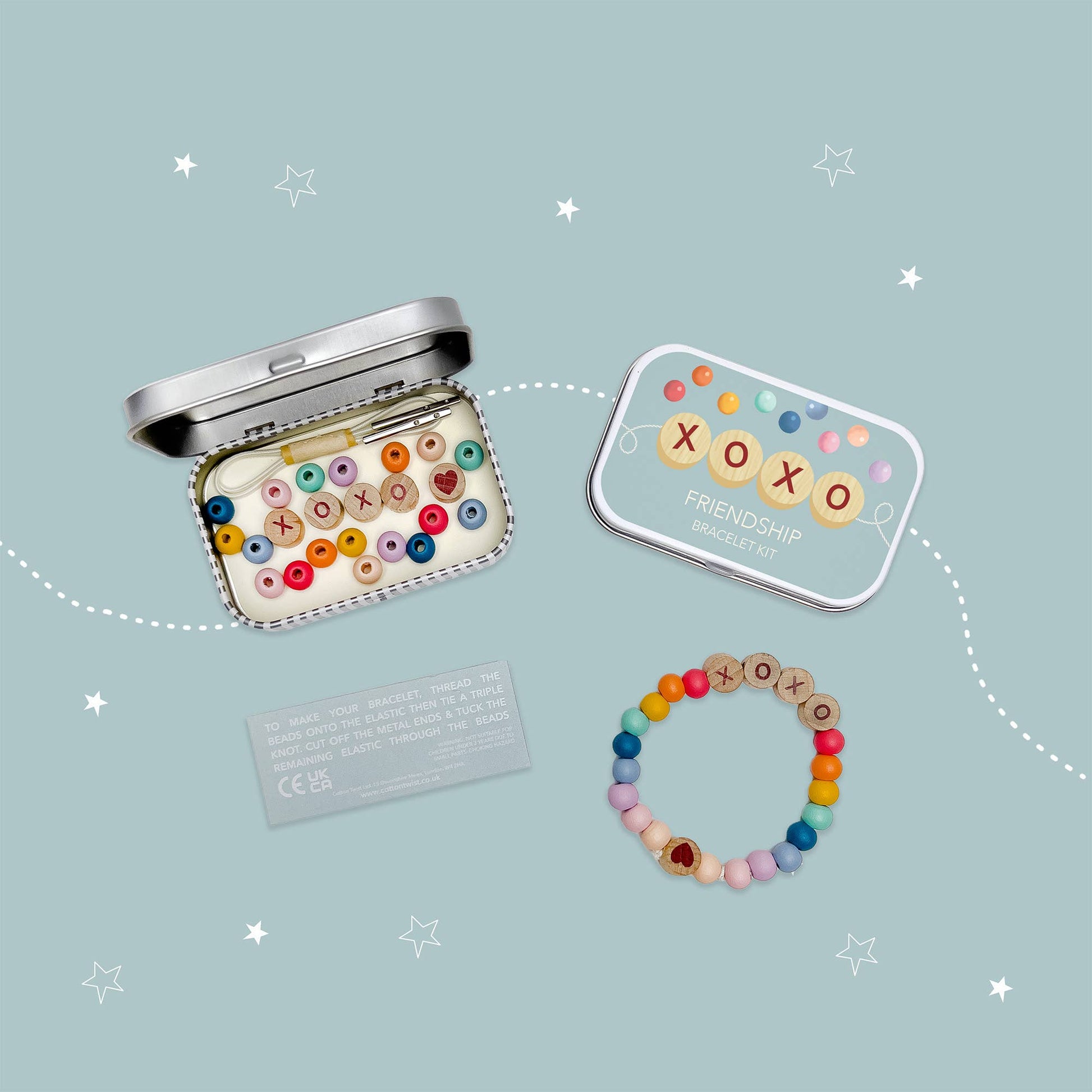 Cotton Twist Beaded XOXO Friendship Bracelet Gift Kit with wooden beads and elastic in tin
