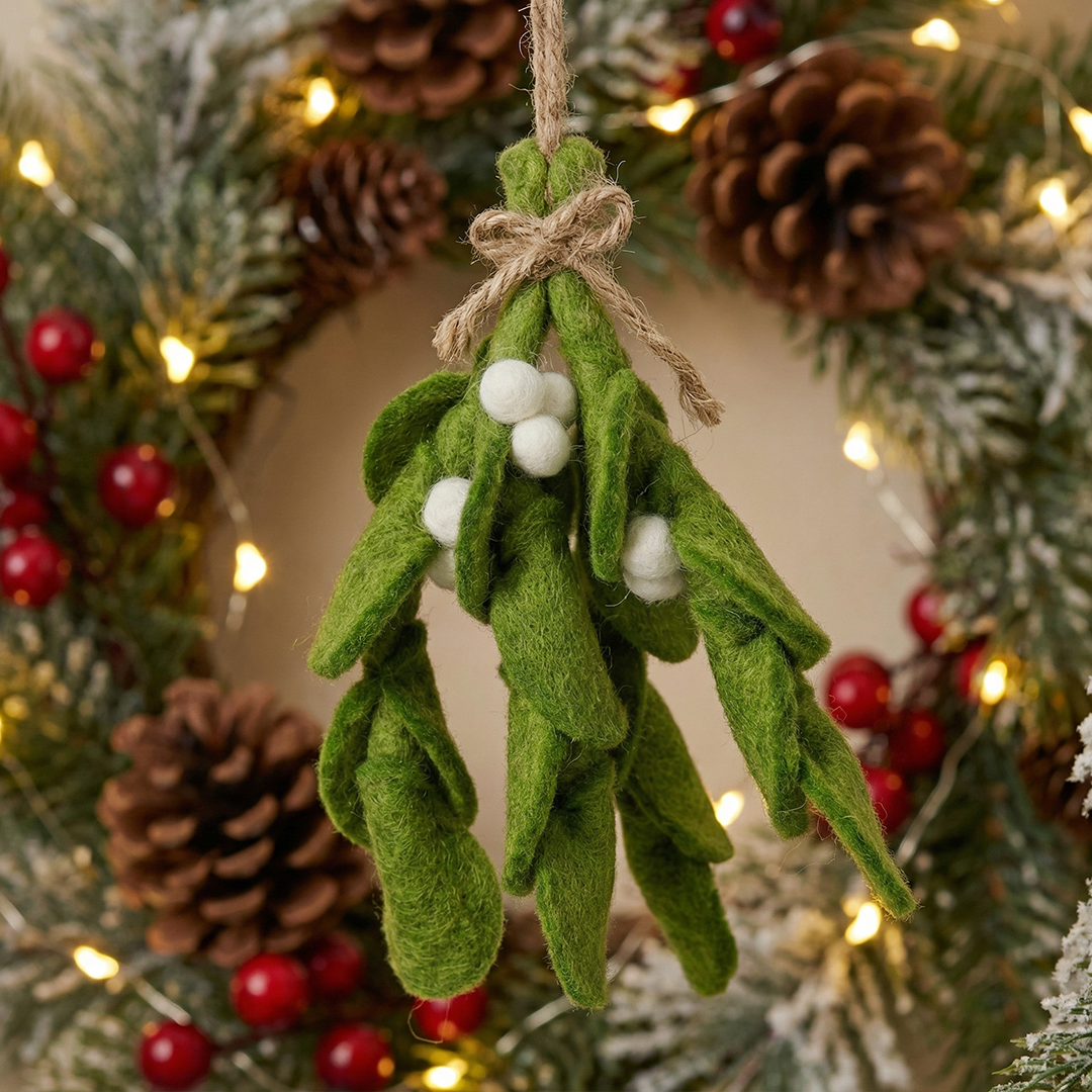 Handmade wool felt mistletoe sprig Christmas hanging decoration