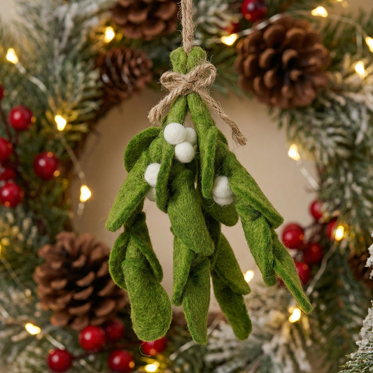 Handmade wool felt mistletoe sprig Christmas hanging decoration
