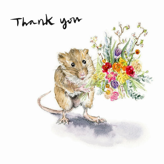 Charming harvest mouse holding a floral bouquet on a 'Thank You' greeting card by artist Jessica Kendrew, textured finish.