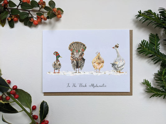 Humorous Christmas card by Jessica Kendrew with turkey, goose, duck, chicken in Santa hats, showing their bottoms