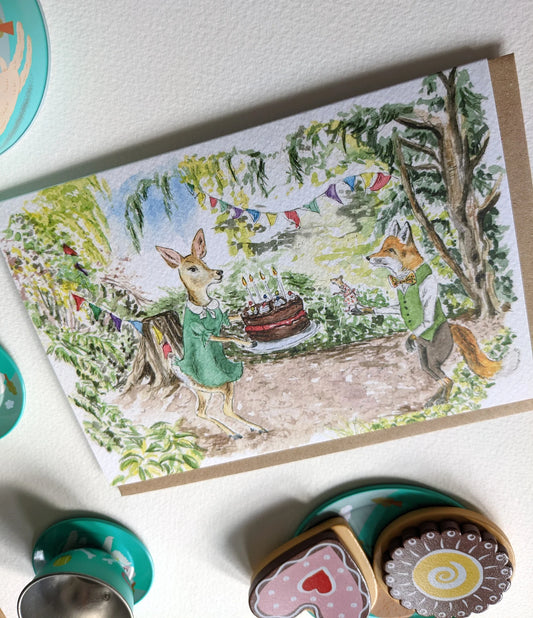 Close-up of Jessica Kendrew's 'Tea Party Birthday Card' showing detailed watercolour of woodland animals, perfect for birthdays