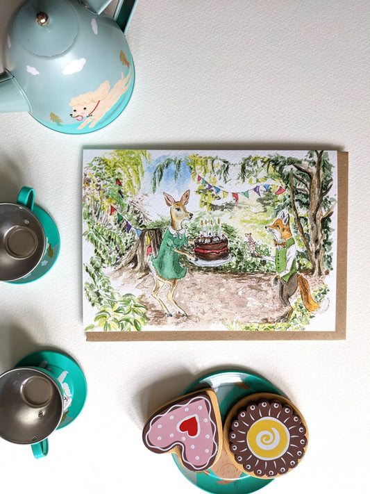 Jessica Kendrew's 'Tea Party Birthday Card' featuring a charming fox, mouse, and deer at a woodland tea party, eco-friendly card