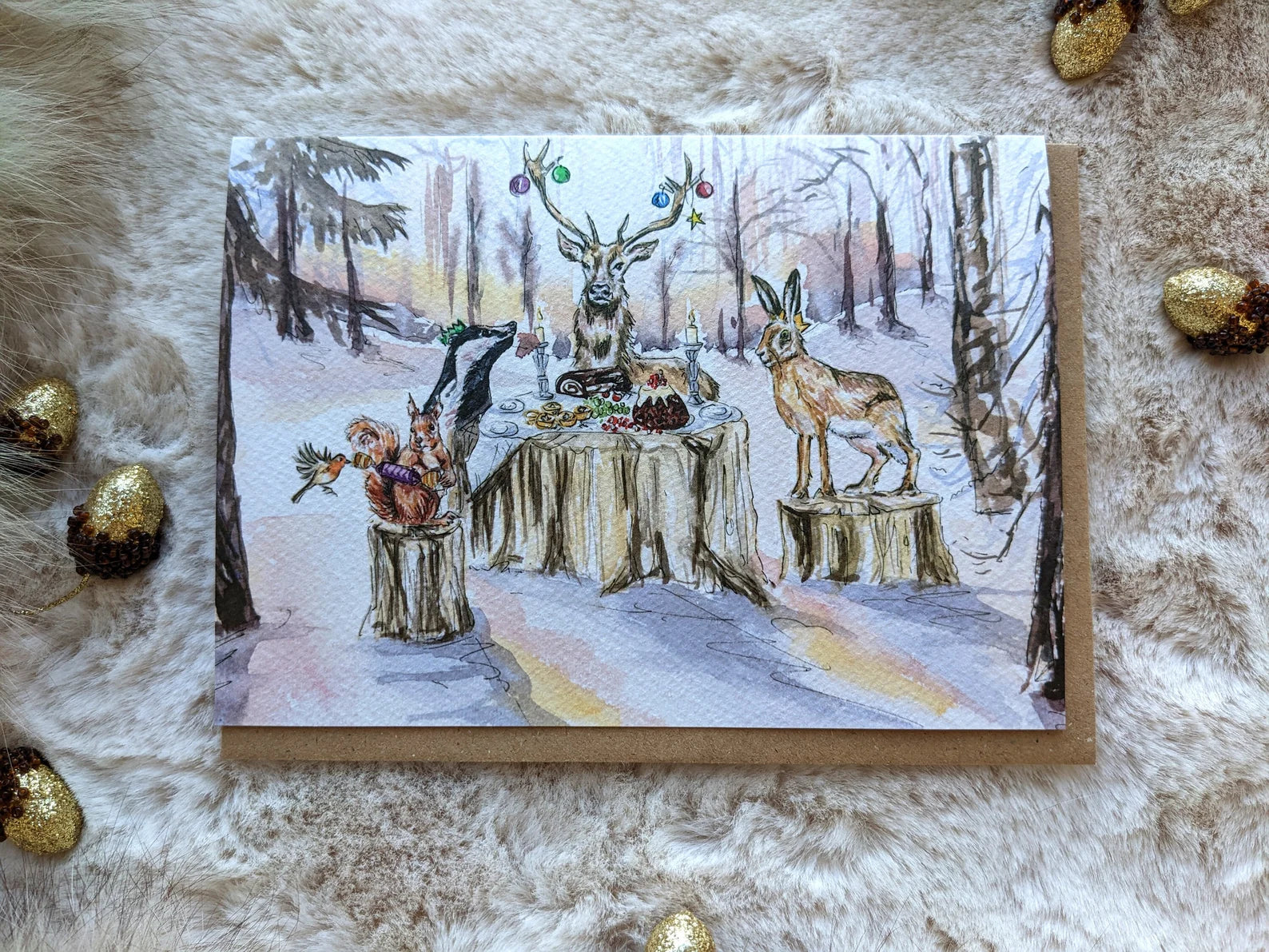Christmas Tea Party greeting card by Jessica Kendrew featuring woodland animals
