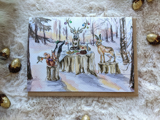 Christmas Tea Party greeting card by Jessica Kendrew featuring woodland animals